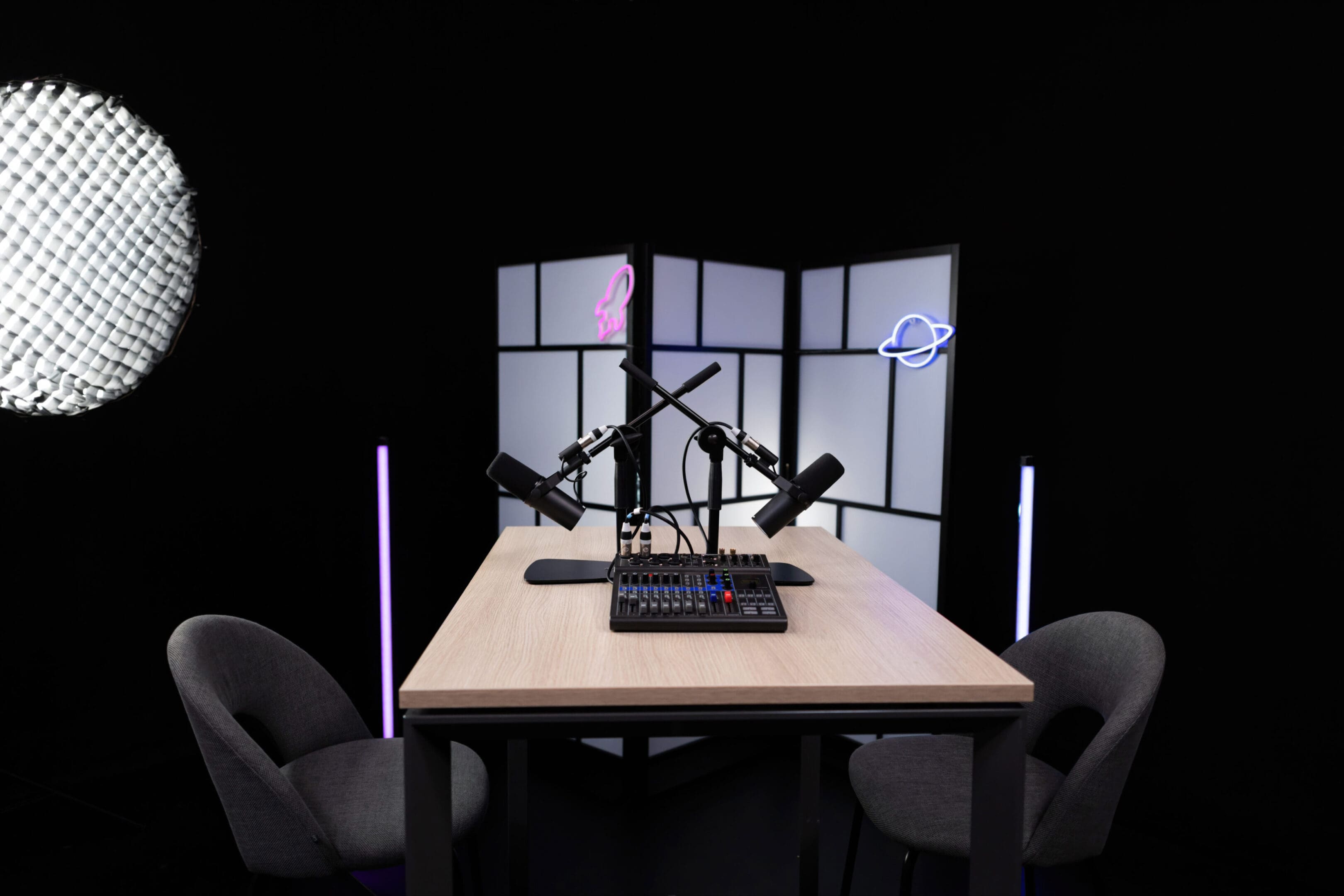Professional podcast equipment and lighting